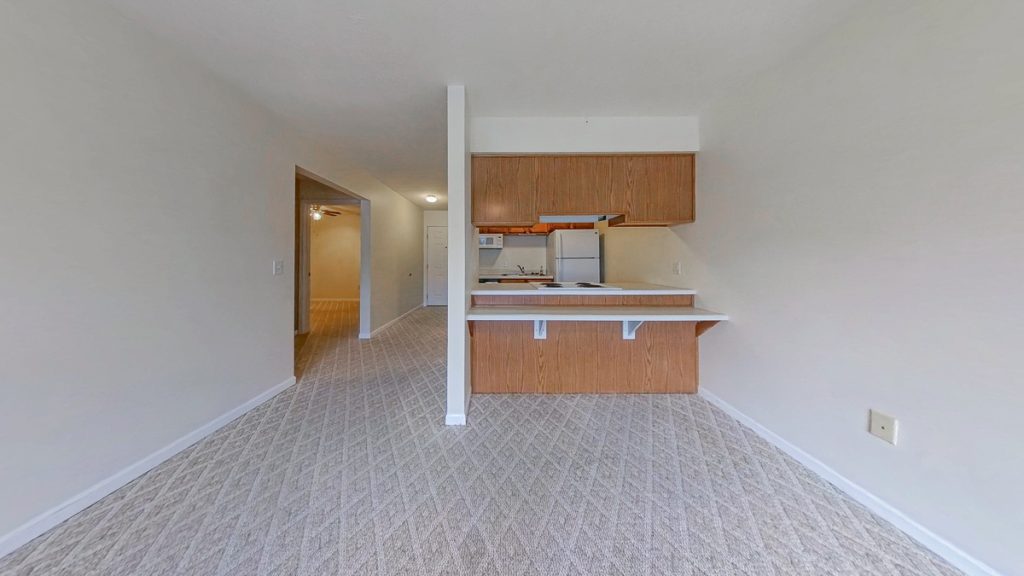 Apartment 204 living area with carpet and a kitchen pass-through at Emerald Pointe Senior Living in Greenville, Illinois.