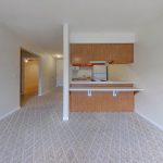 Apartment 204 living area with carpet and a kitchen pass-through at Emerald Pointe Senior Living in Greenville, Illinois.